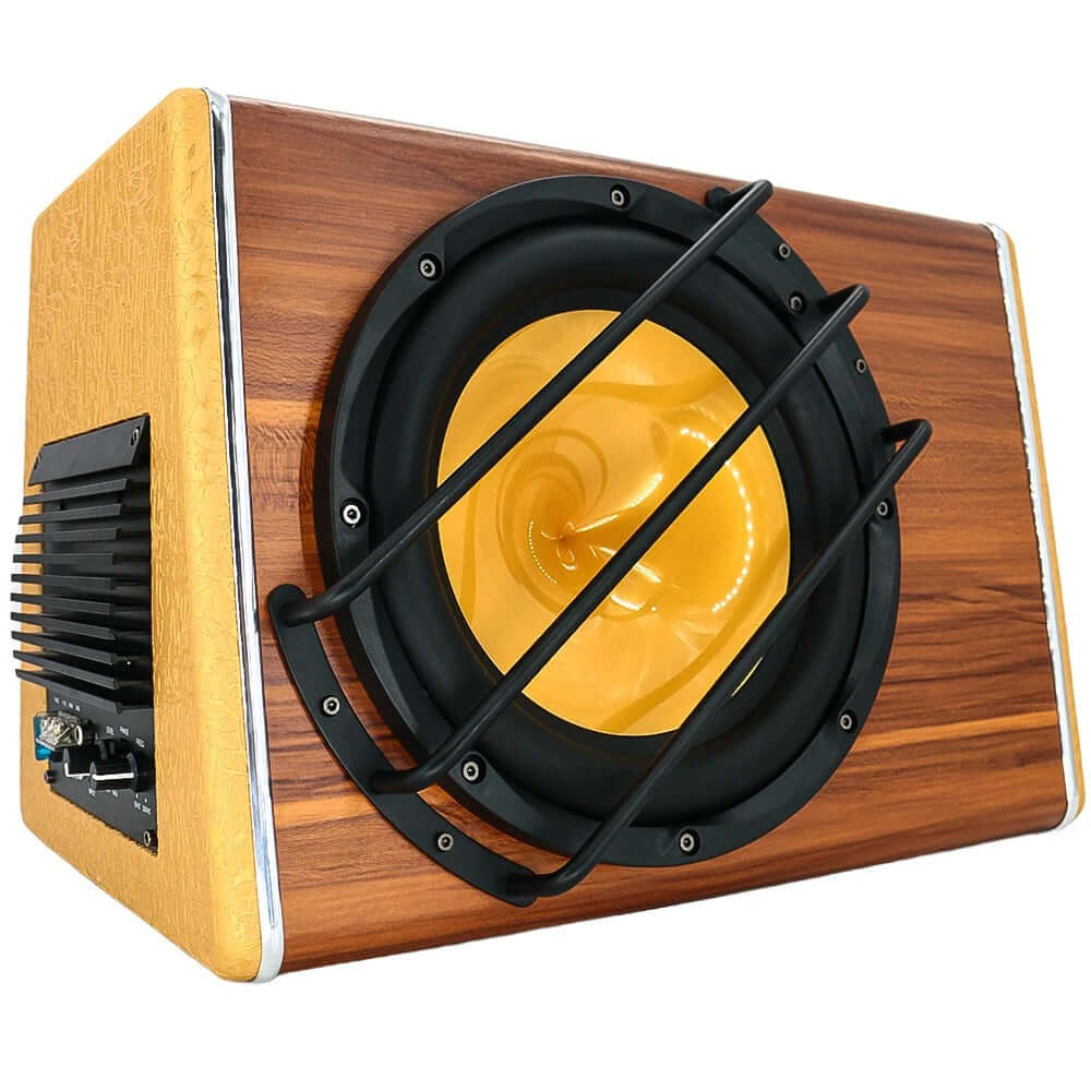 Subwoofer 10" 3800 W with wooden design and yellow cone for deep sound quality in a compact frame.